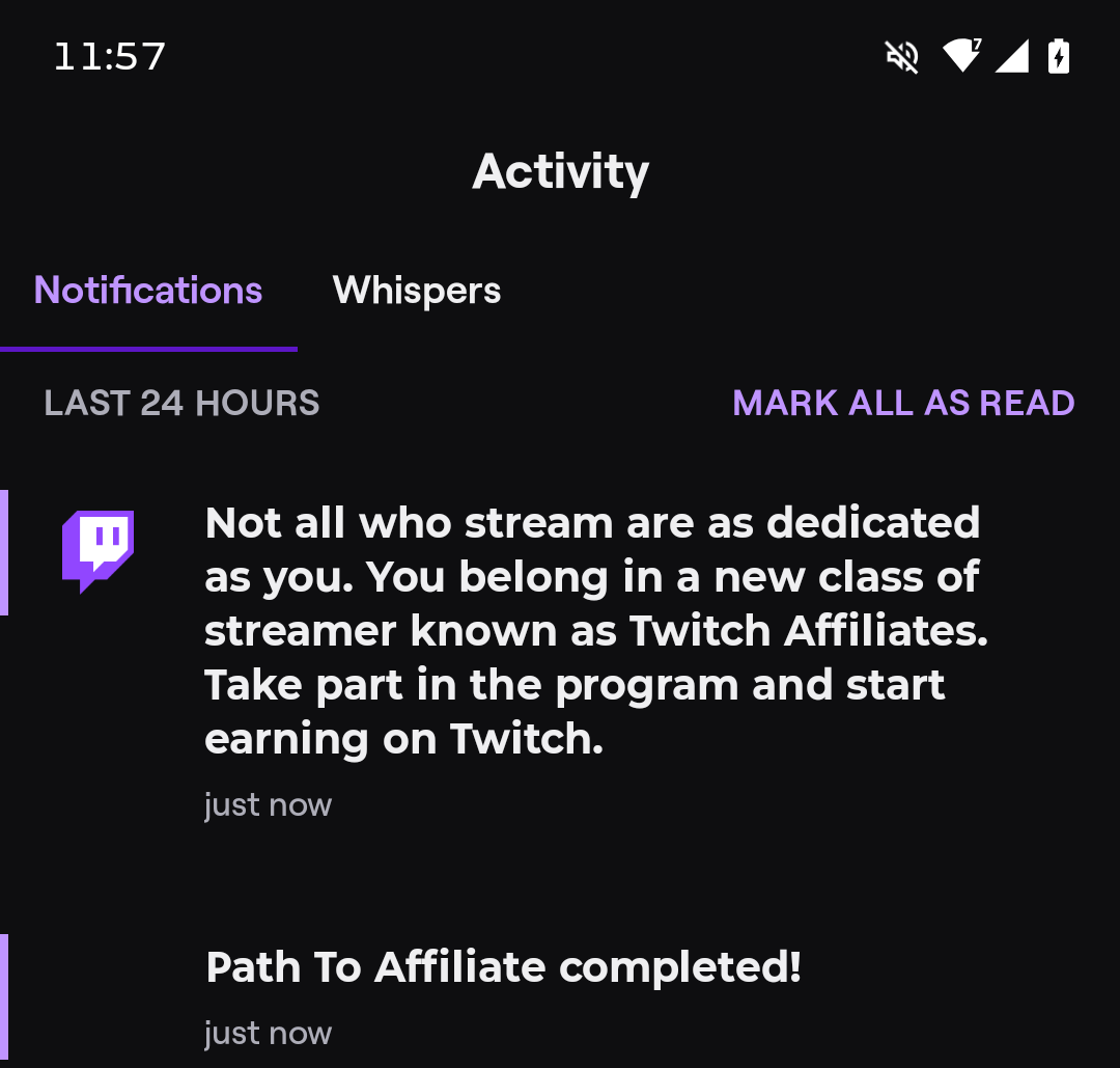 Twitch Affiliate Notification Screenshot